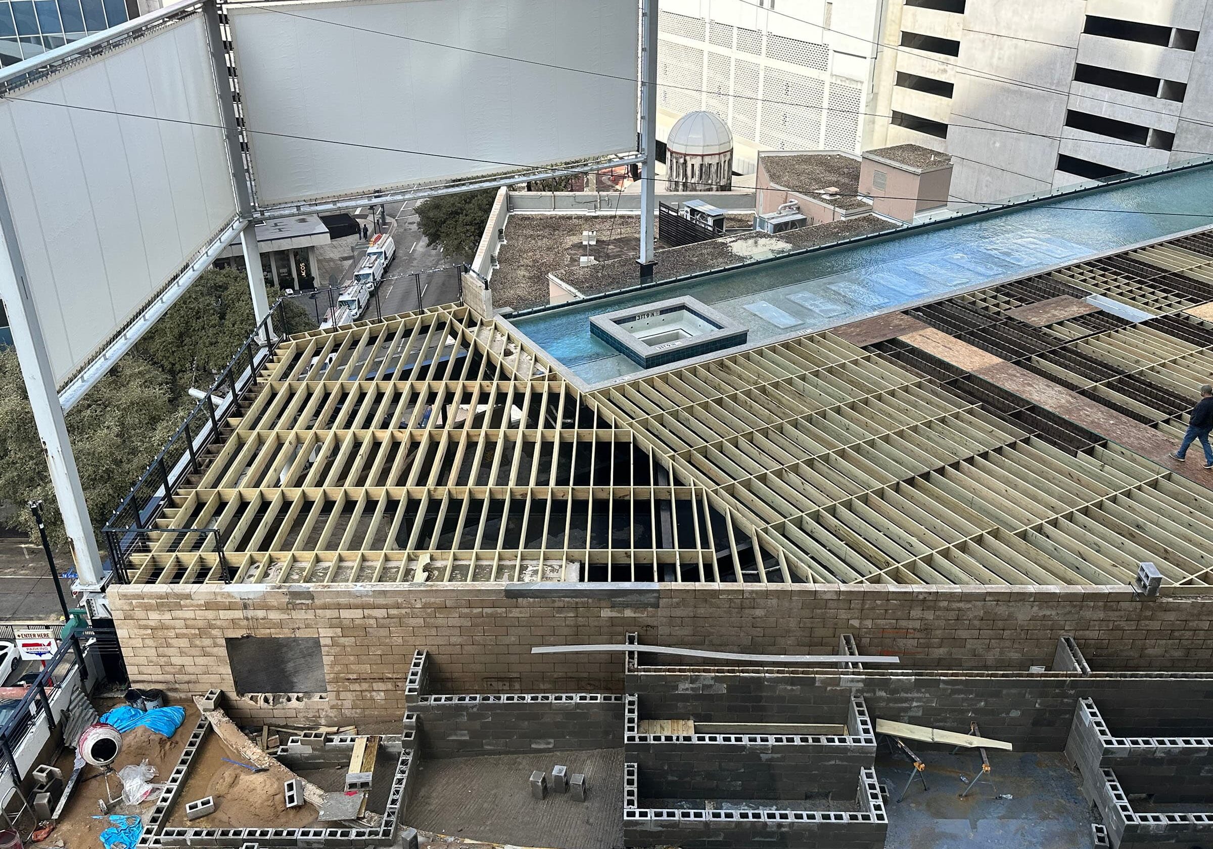 In process: rooftop synthetic decking at Mosaic Dallas